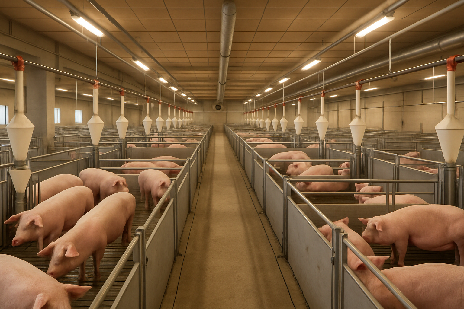 Modern commercial swine facility with healthy pigs